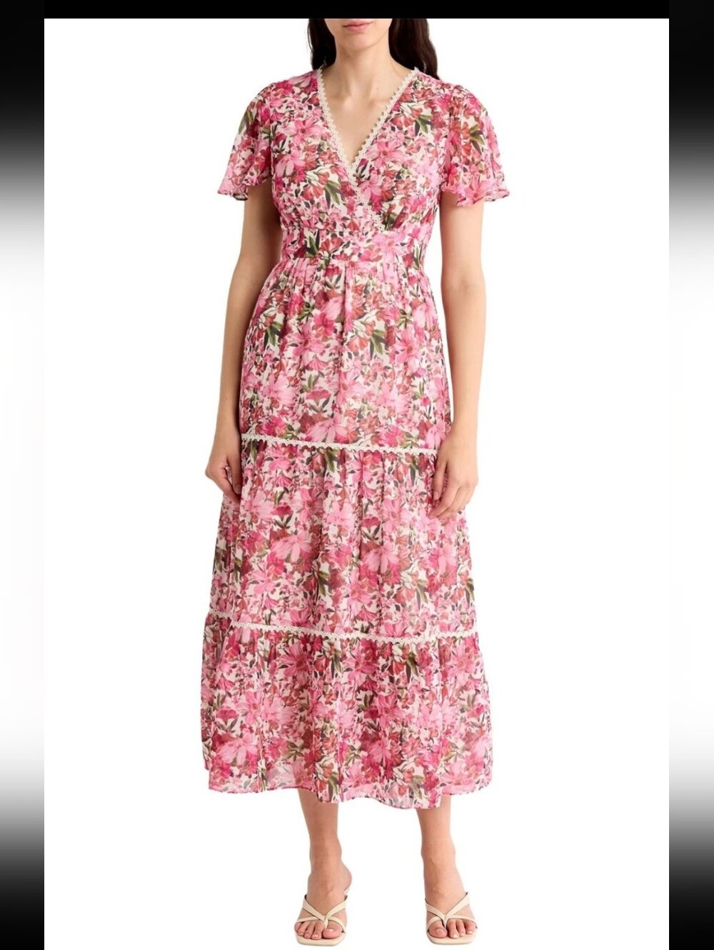 Anne Klein Size 2 Pink Floral Maxi Dress Tiered Lace Trim NWT $159 Cocktail